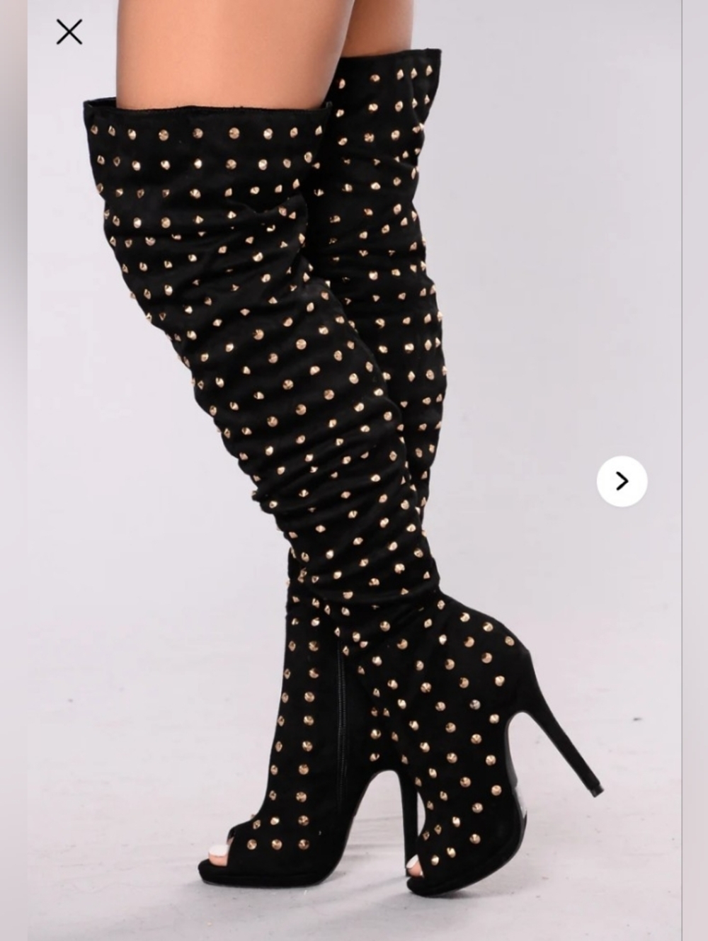 FN Black Studded Thigh-High Peep Toe Heel Boots